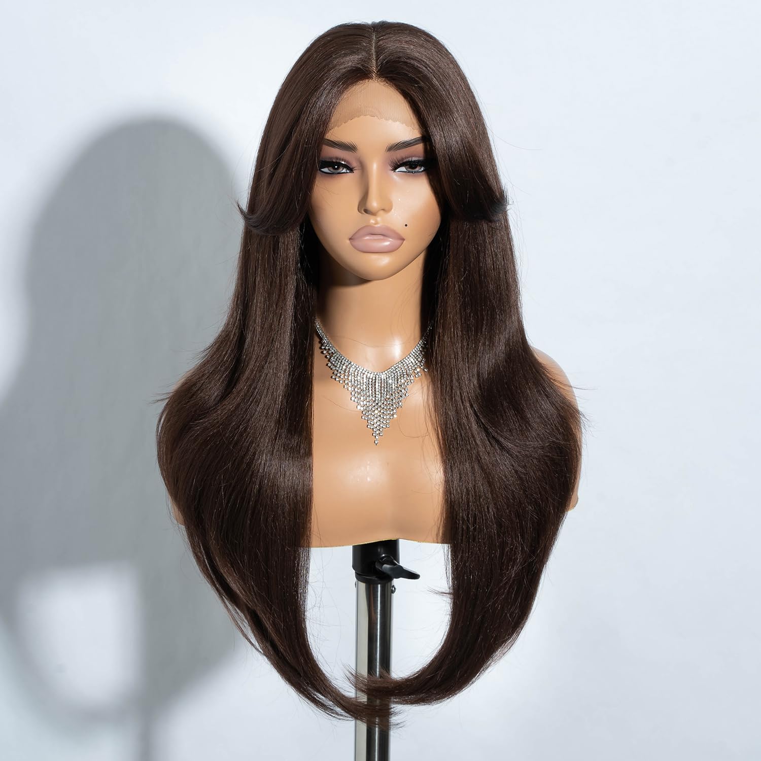 Joedir Long Layered Wig With Curtain Bangs Deep Part Lace Front Wigs for Women 26 Inch Middle Part Brown Wig Heat Resistant Synthetic Wigs for Daily Party Use