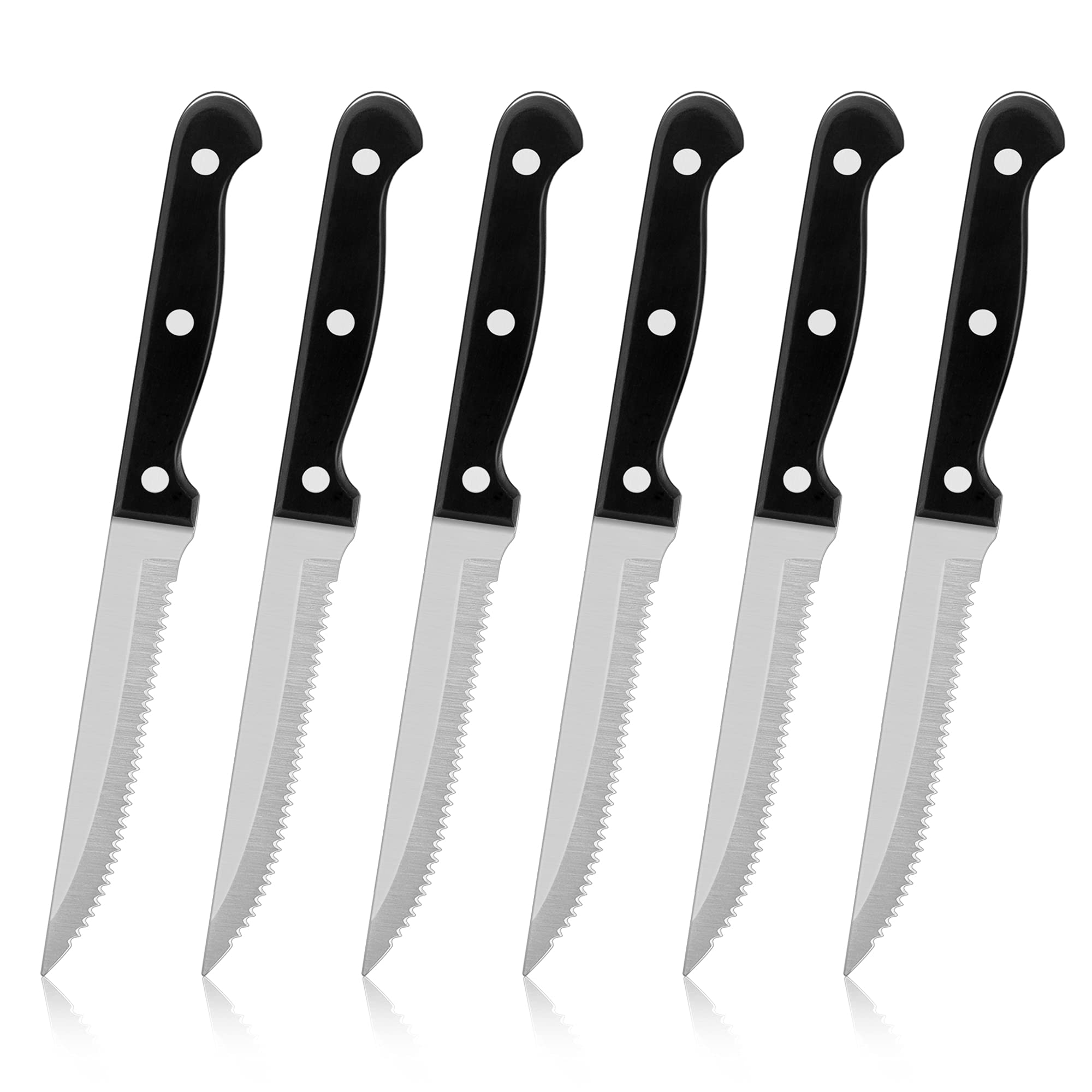 Herogo Steak Knives Set of 6, Stainless Steel Serrated Sharp Dinner Kitchen Steak Knife with Ergonomic Handle, for Home/Restaurant, Dishwasher Safe