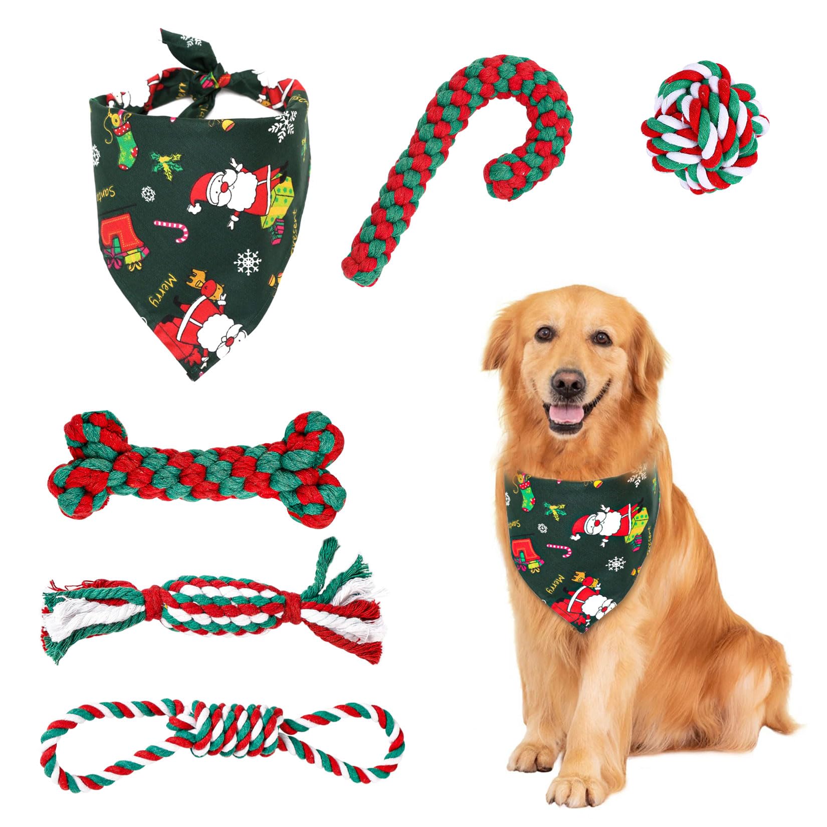 Pack of 6 Dog Toys Christmas, Gift Christmas Includes 5 Dog Toys Rope Natural Cotton & 1 Green Dog Bandana, Dog Chew Toy Christmas Dog Toy Candy Cane