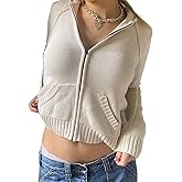 KMBANGI Zip Up Crop Hoodies for Women Knitted Vintage Hooded Pullover Y2k Ribbed Knit Drawstring Sweatshirt with Pocket