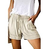 Basoteeuo Womens Shorts Summer Comfy Cotton Elastic Waist Drawstring Casual Shorts with Pockets
