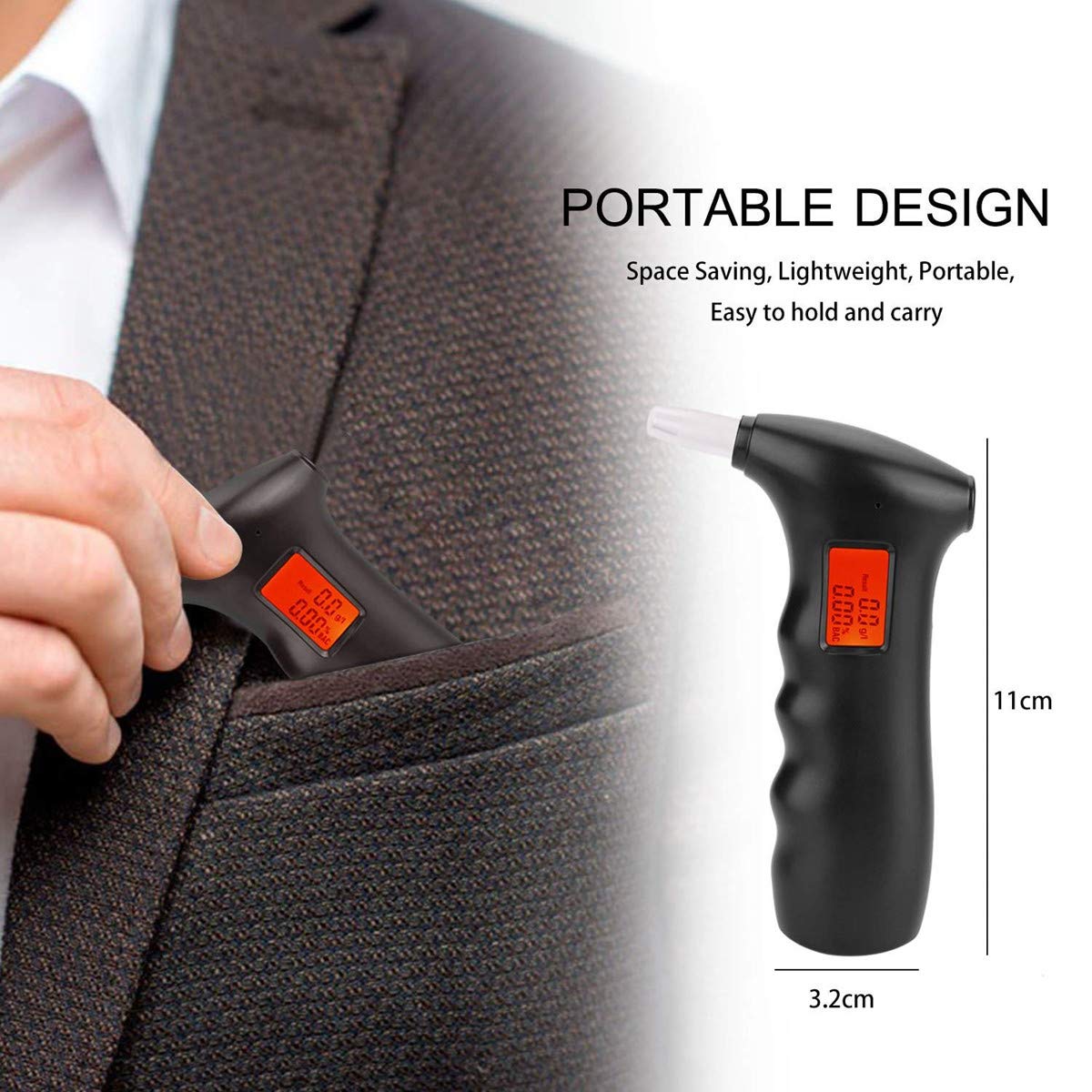 bedee Alcoholímetro Digital Portátil, Detector Electrónico del Alcohol del Aliento, Analizador Profesional del Tester con Sensor Semiconductor, con la Pantalla LCD, con 5 Boquillas