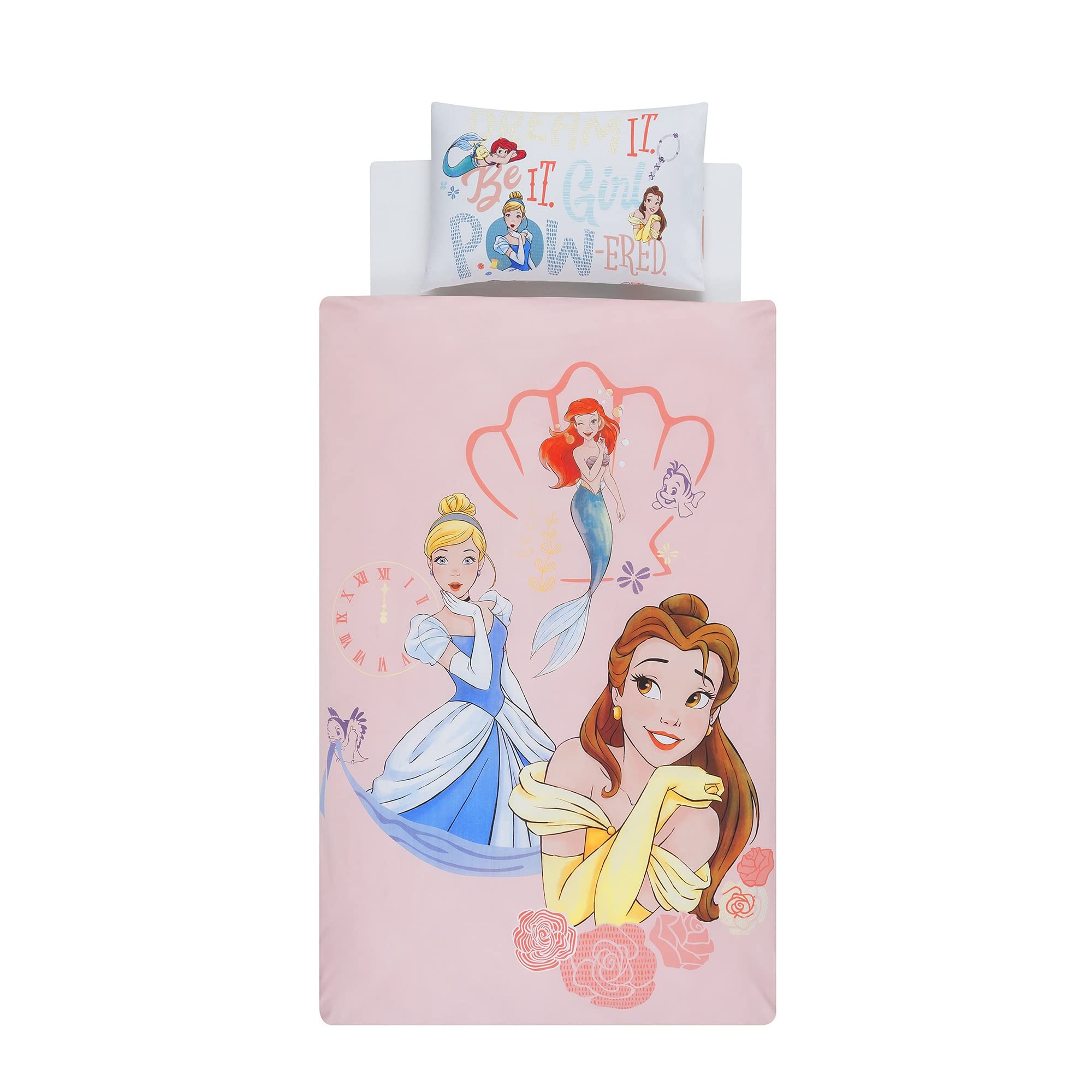Disney Home Princess Reversible Two Sided Duvet Cover Set,100% Cotton,Single Size,2 Pieces,Multi Coloured,135x200cm+50x70cm (54"x79" inches)