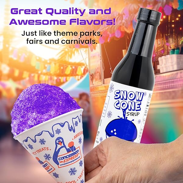 CONCESSION EXPRESS® SNOW CONE SYRUP FUN FLAVORS PACK (5 FLAVORS, 12.7 OZ EACH) – BLUE RASPBERRY, CHERRY, COTTON CANDY, GRAPE & TIGER’S BLOOD – SNOW CONE & SHAVED ICE SYRUPS PERFECT FOR HOME, CONCESSIONS, & PARTIES