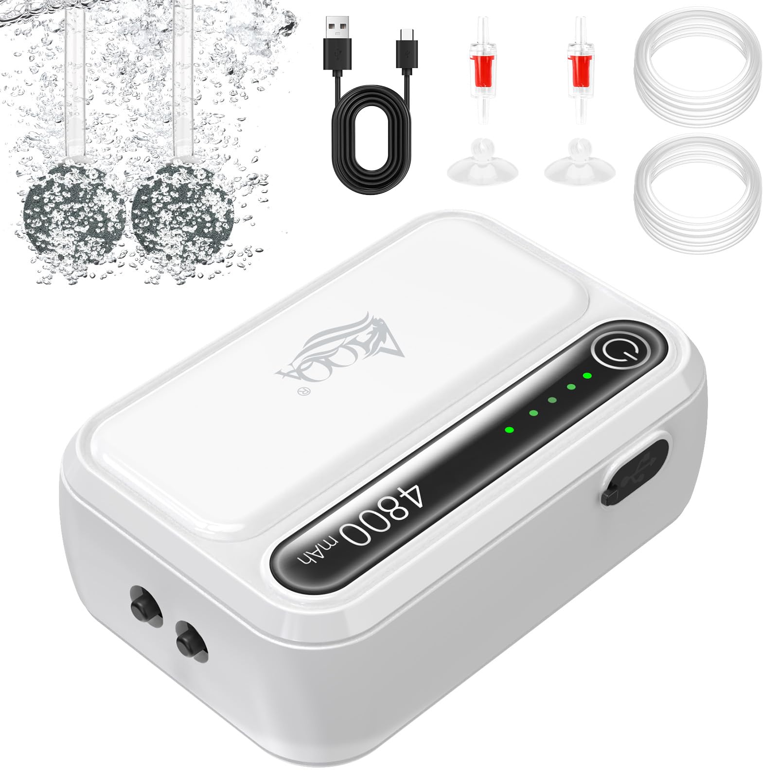 Photo 1 of AQQA USB Aquarium Air Pump - Portable Rechargeable Aerator for Bait Bucket, 4W/6W Dual Outlets Battery Powered Air Pump Aquarium Bubbler, Quiet Fish Tank Air Pump Oxygen Bubbler for 0-160 Gallon (6W)
