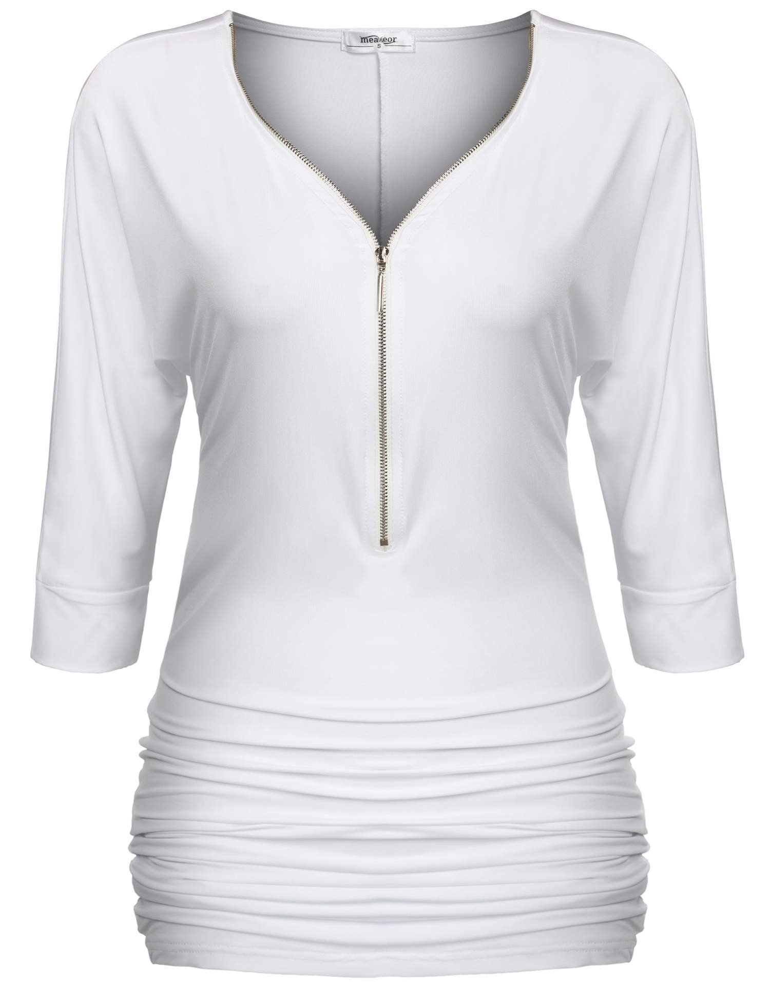 Meaneor Women\'s V Neck Zip Front Side Ruched Casual Lightweight Tunic Top White XS