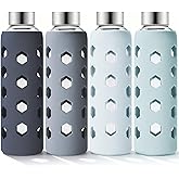 Mrsdry 18 oz Glass Water Bottles with Lids &amp; Silicone Sleeves, 4-Pack | BPA Free, Leak-Proof Reusable Glass Drinking Bottles with Stainless Steel Airtight Cap for Juicing, Dishwasher Safe, Non-Slip
