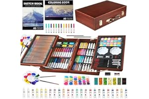 KINSPORY Art Sets, 139 Pack Painting Drawing Art Supplies Kit with 2 Sketch Pads, Deluxe Double Layers Crafts, Colored Pencils, Oil Pastels, Watercolor Paints, Gift for Artists Kids (Brown)