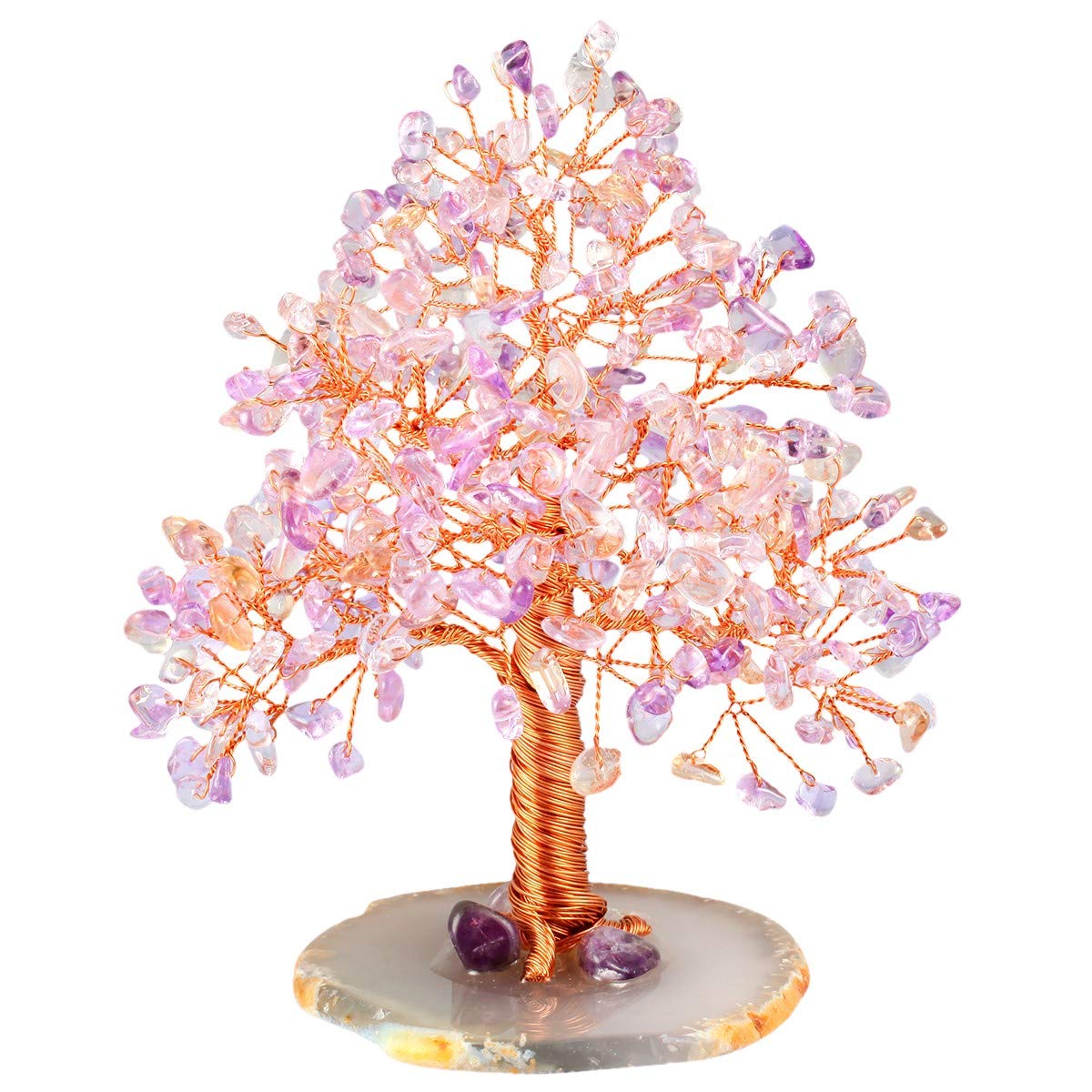 KYEYGWO Handmade Amethyst/Citrine Crystal Money Tree for Good Luck Wealth Health, Figurine Bonsai on Natural Agate Slab 5"-5.9" High