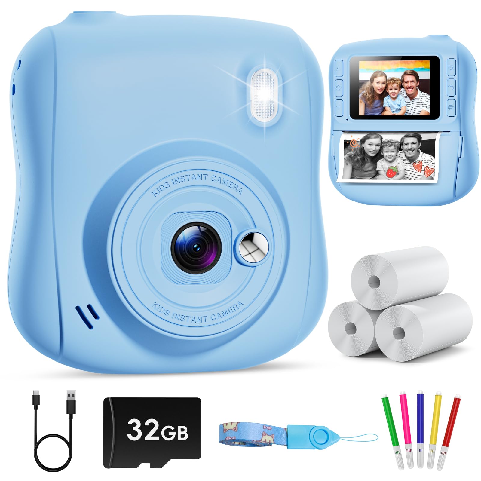 Hangrui Kids Camera Instant Print, HD Instant Camera for Kids with 32GB Card & Print Paper, 14MP 1080P Kids' Digital Cameras, Christmas Birthday Gifts Toy for Girls & Boys Aged 3-10 -Blue — image 1
