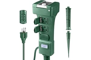 BRIGHTOWN Outdoor Power Stake Timer, 24 Hour Light Timers with Remote Control, 6 Outlet Countdown Yard Stake Timer for Halloween Christmas Holiday Lights, 6ft Extension Cord, UL Listed