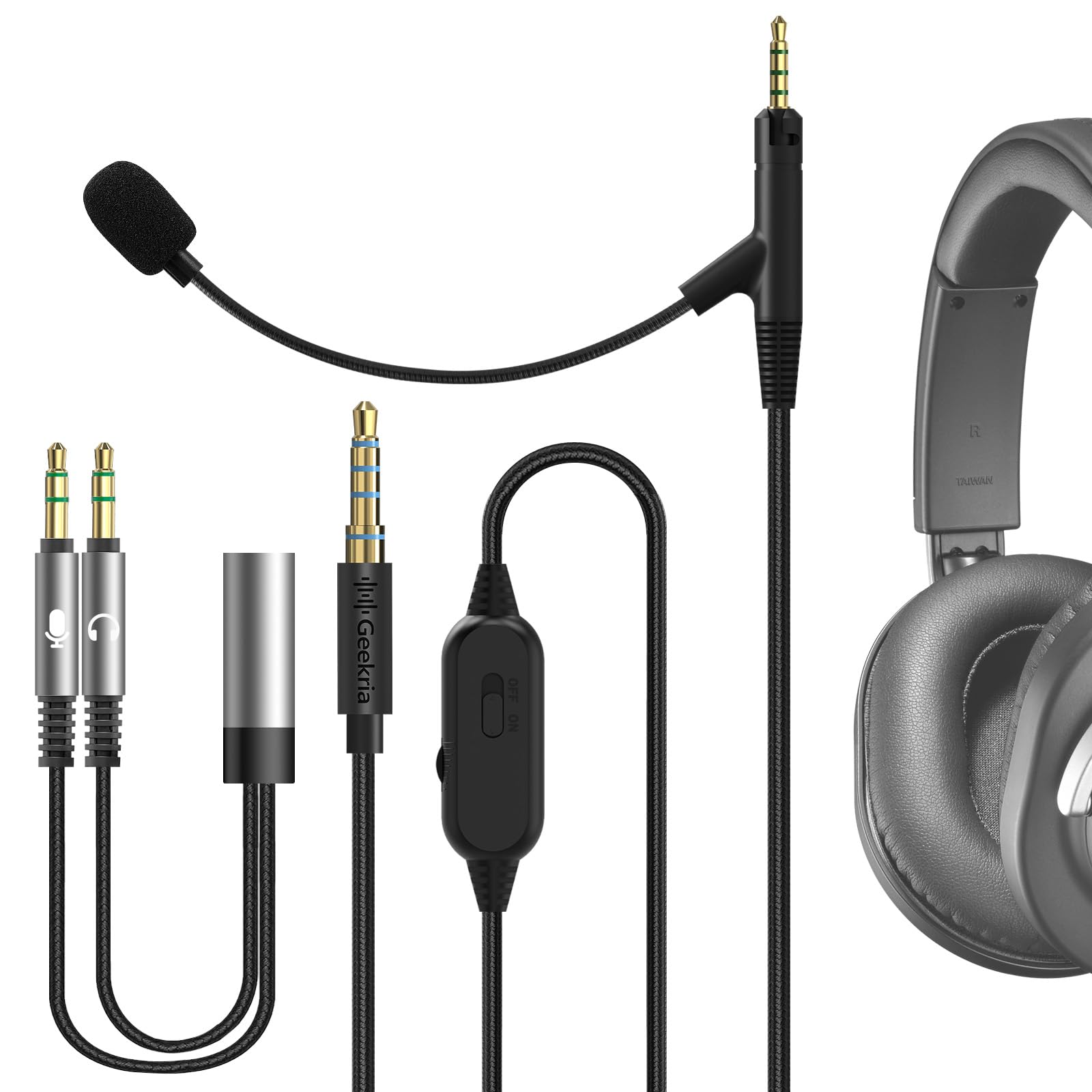 GEEKRIA Boom Mic Headphones Cable Compatible with ATH-M70x/M50x/M40x, 2.5mm Jack Nylon Braided Replacement Cord with Boom Microphone and Volume/Mute Control for Gaming & Meeting (5.6 ft)