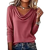 Cowl Neck Tops for Women Trendy Draped Long Sleeve Tunic Cute Tops Loose Fit Elegant T Shirt Work Dressy Business Casual Blouses Tshirts Shirts Summer Spring Clothes Fashion Clothing Vacation Outfits