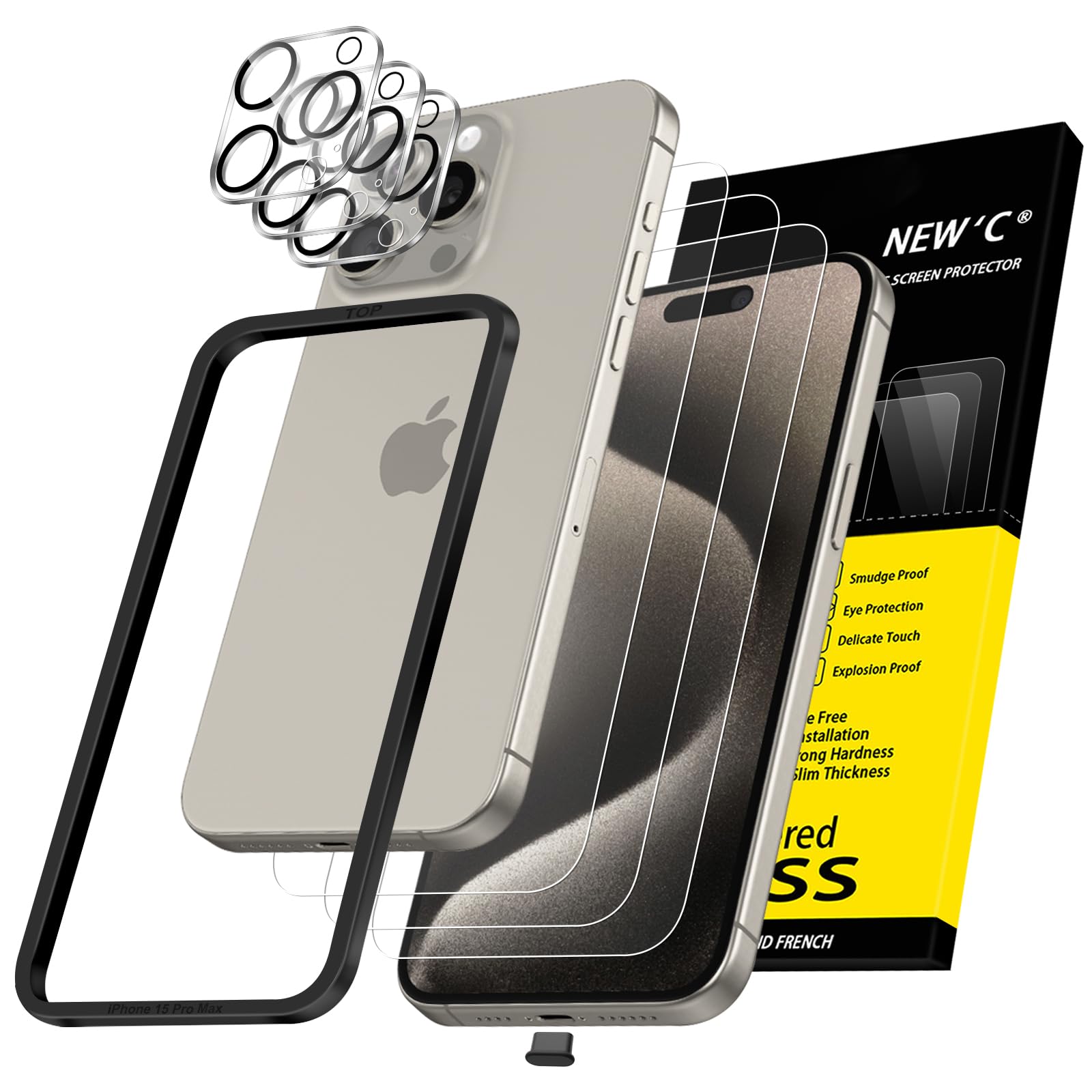 Photo 1 of NEW'C 3X for iPhone 15 Pro Max Screen Protector (6.7 inches)+ 3X Camera Lens Protector, Sensor Protection, Case Friendly Tempered Glass Film + Dust Plug- Easy Installation Tool Include