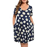 ZENNILO Women's Plus Size Swing Dress with Pockets Casual Summer Dresses V Neck Short Sleeve T Shirt Dress for Women