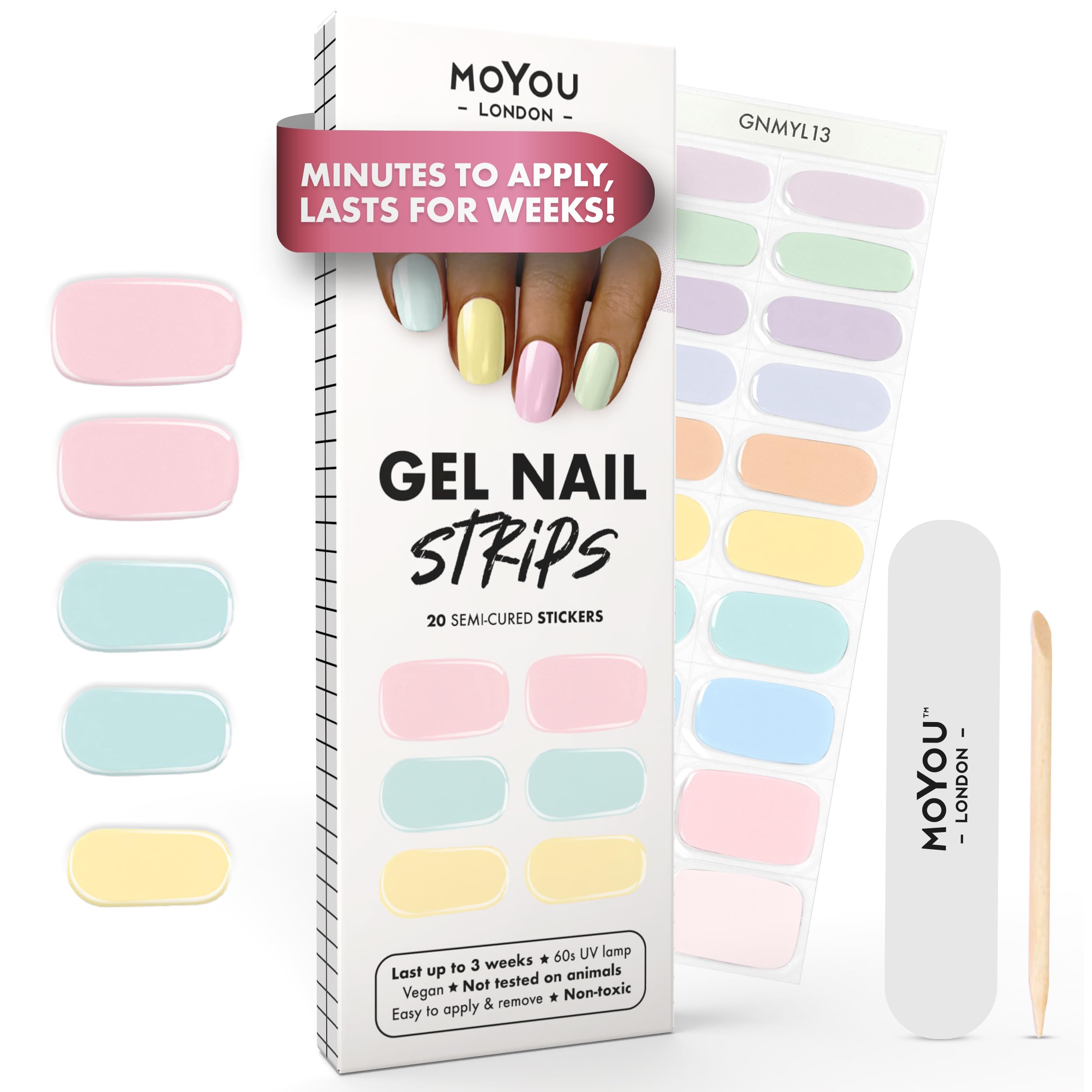 MOYOU LONDON Semi Cured Gel Nail Strips - 20 Pcs. Waterproof Gel Nail Wraps, Cures in Sunlight or UV/LED Lamp, Lasts Up to 2+ Weeks, Stretchable, Easy to Apply & Remove, Vegan & Cruelty-Free