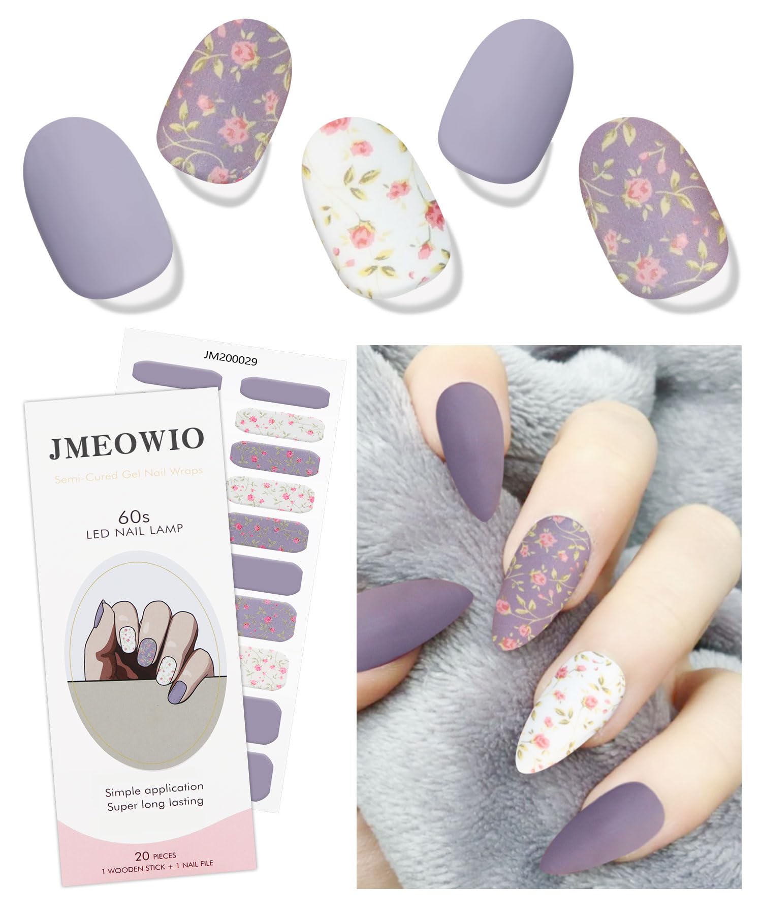 JMEOWIO Gel Nail Stickers White Purple Flower Semi Cured Gel Nail Strips Wraps UV/LED Nails Art Design Decoration Accessories