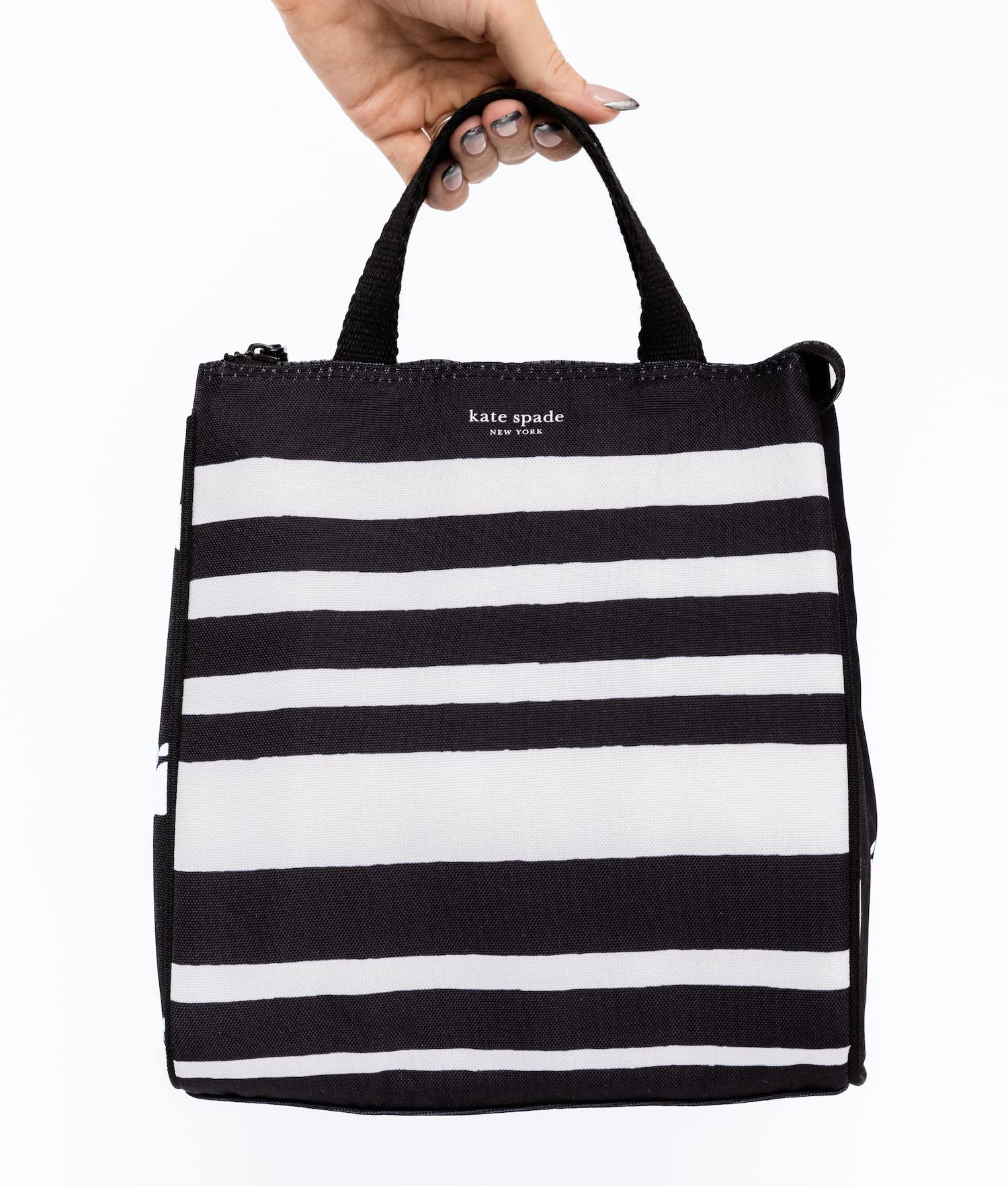 kate spade new york Black Portable Soft Cooler Lunch Bag, Thermal Tote with Silver Insulated Interior Lining and Storage Pocket, Sarah Stripe