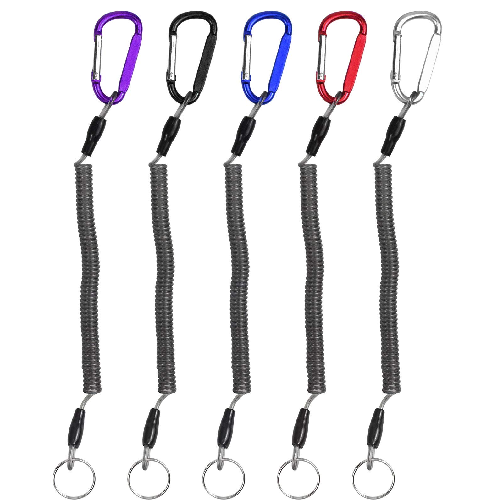 Jinlaili 5 Pack Spiral Keyring, Stretchy Steel Coil Keyring with Color Carabiner, Retractable, for Keys, Wallet, Backpack, Fishing Tool, Tether Tools