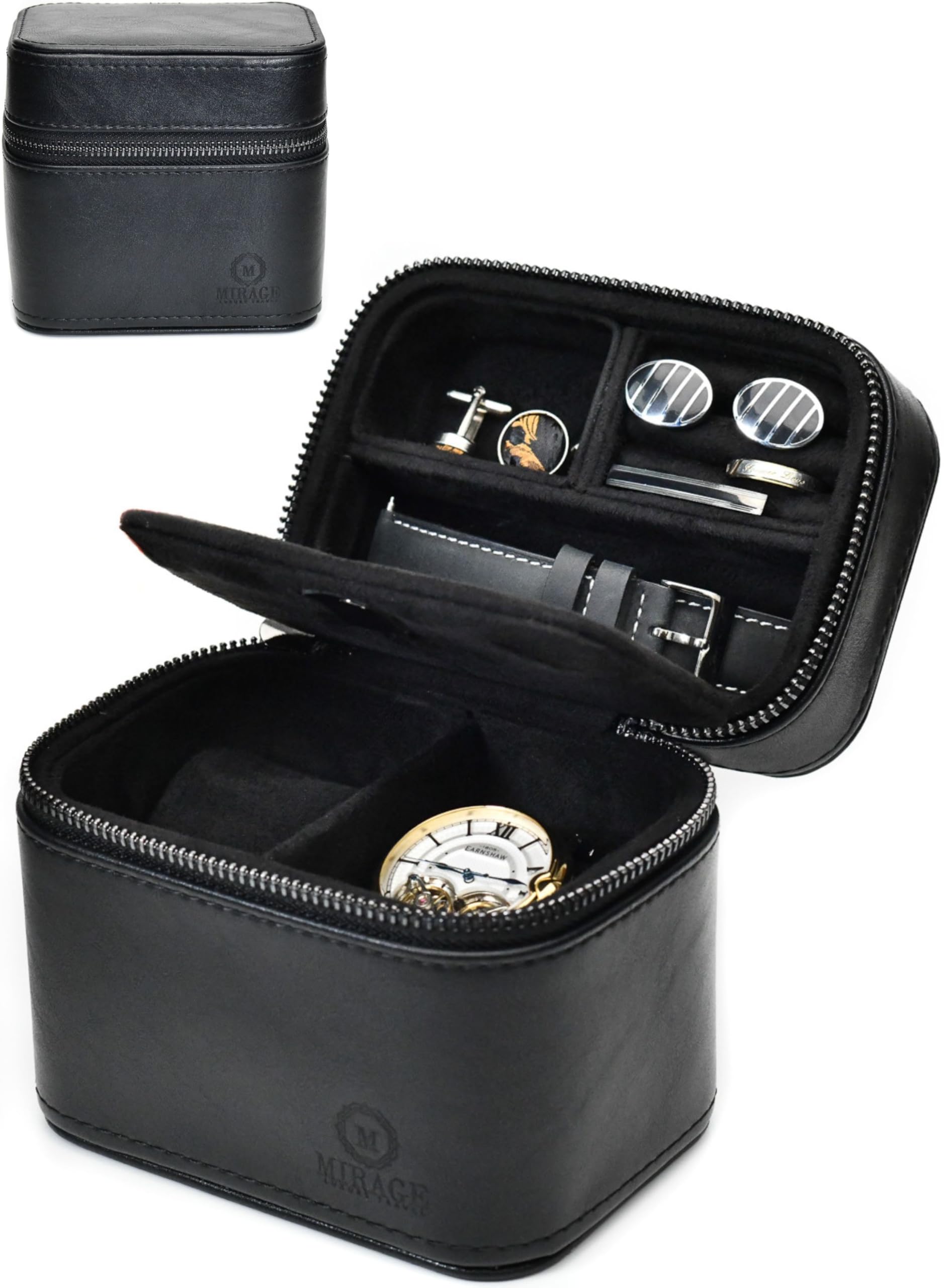 Leather Travel Watch Jewelry Case for Men – Watch Band, Cufflinks Storage Box for Travel - Obsidian Black Swiss-Motif Genuine Leather