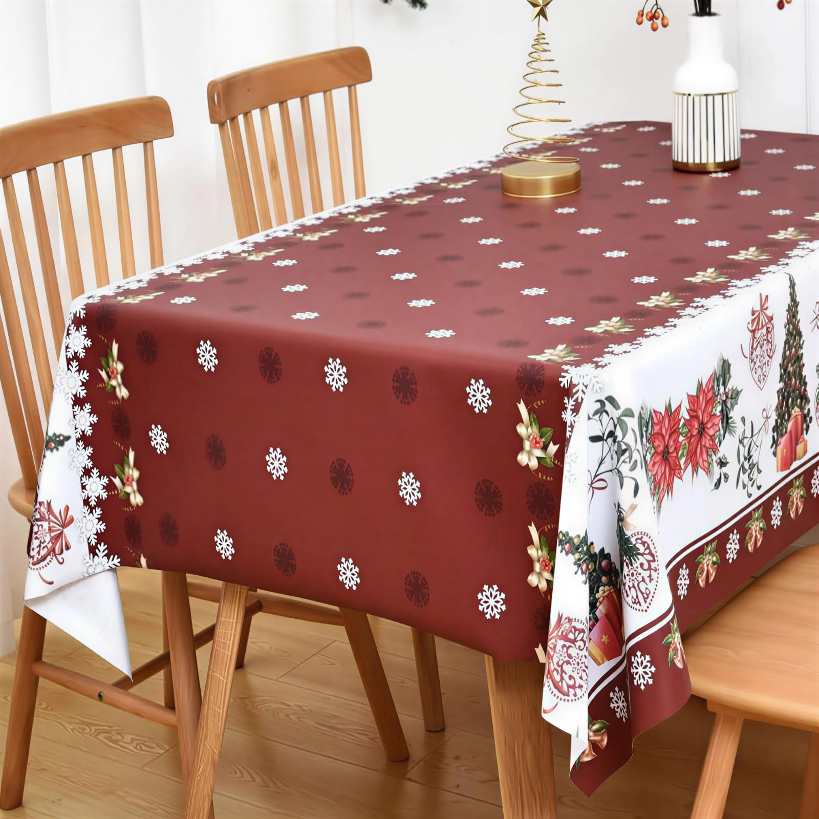 Yofori Christmas Table Cloth Wipe Clean PVC Xmas Tablecloth Rectangle Red Plastic Table Cover Waterproof Wipeable Vinyl Oilcloth for Spring festival New Year Dining Party (Trees-red, 137x250cm)