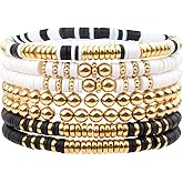 AGNURCADE 7pcs Surfer Heishi Clay Bead Bracelets Bohemian Stackable Gold Colorful Beaded Stretch Elastic Layering Friendship Bracelet Summer Beach Boho Jewelry Set for Women Birthday Gift