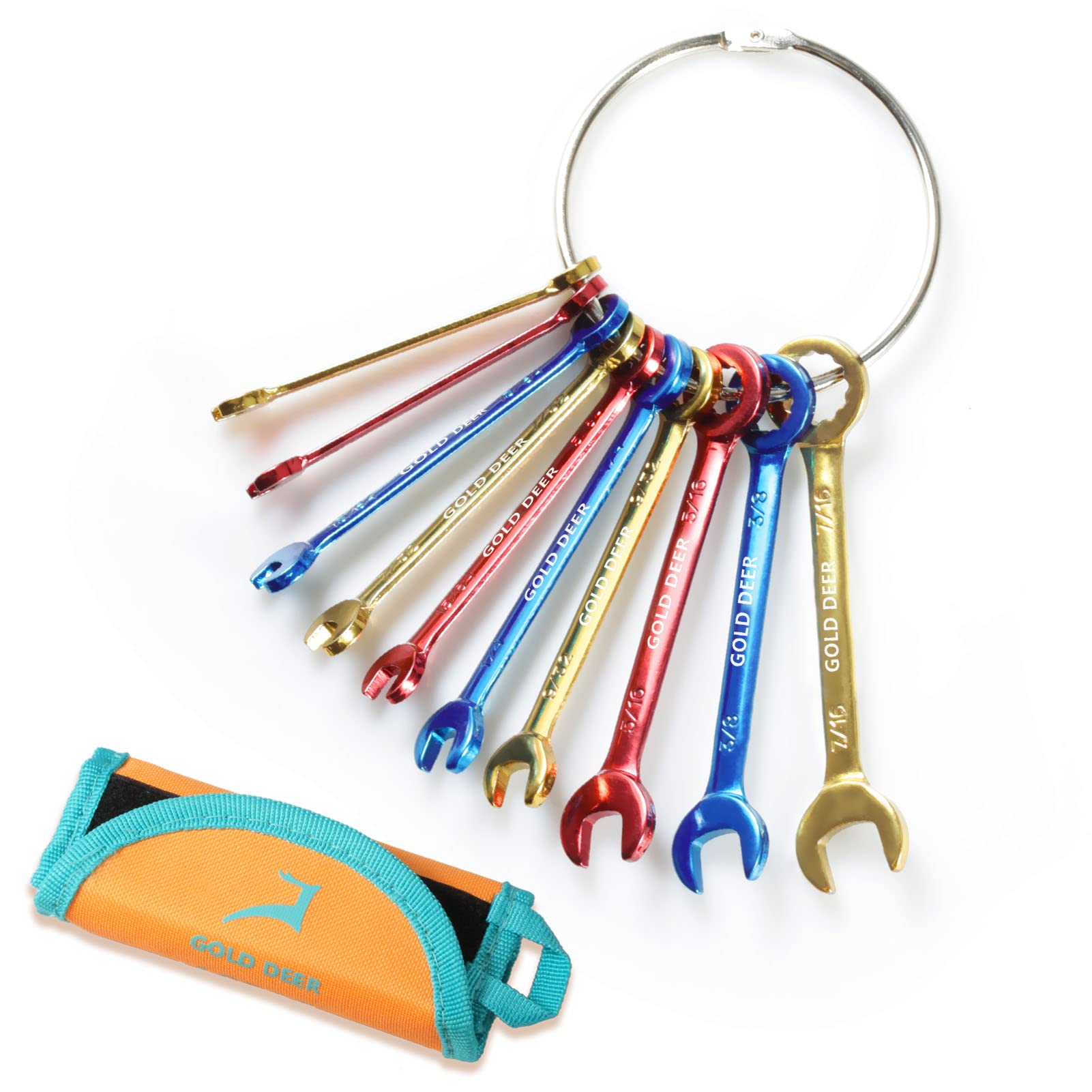 GOLD DEER 10-Piece Color Plated Mini Wrench Set - SAE 5/32"-7/16 Extra Slim Combination Open and Box End Spanners With Roll Pouch and Big Ring