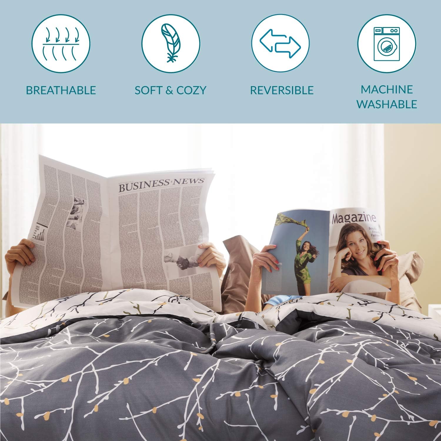 Bedsure Comforter Set King Size, Reversible Down Alternative Comforter Microfiber Duvet Sets (1 Comforter + 2 Pillow Shams), Tree Branch Floral, Grey&Ivory: Home & Kitchen