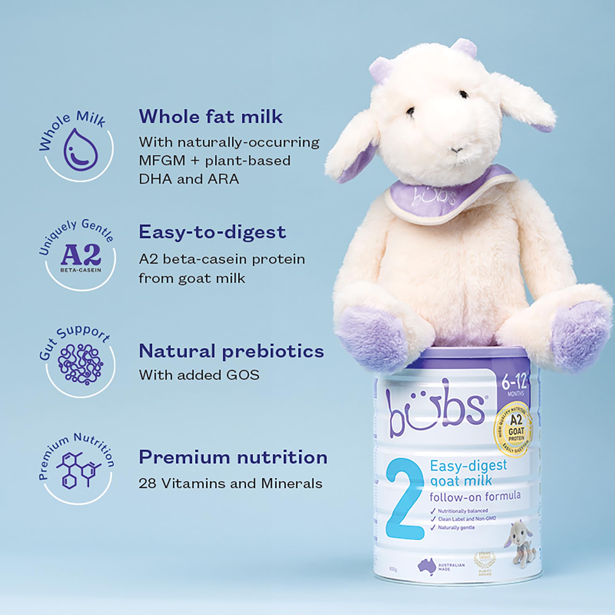 Bubs Goat Milk Follow-On Formula Stage 2, Babies 6-12 months, Made with Fresh Goat Milk, 28.2 oz