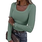 Roselux Womens Long Sleeve Scoop Neck Ribbed Knit Fitted Casual Tops Tee Slim Basic Shirts