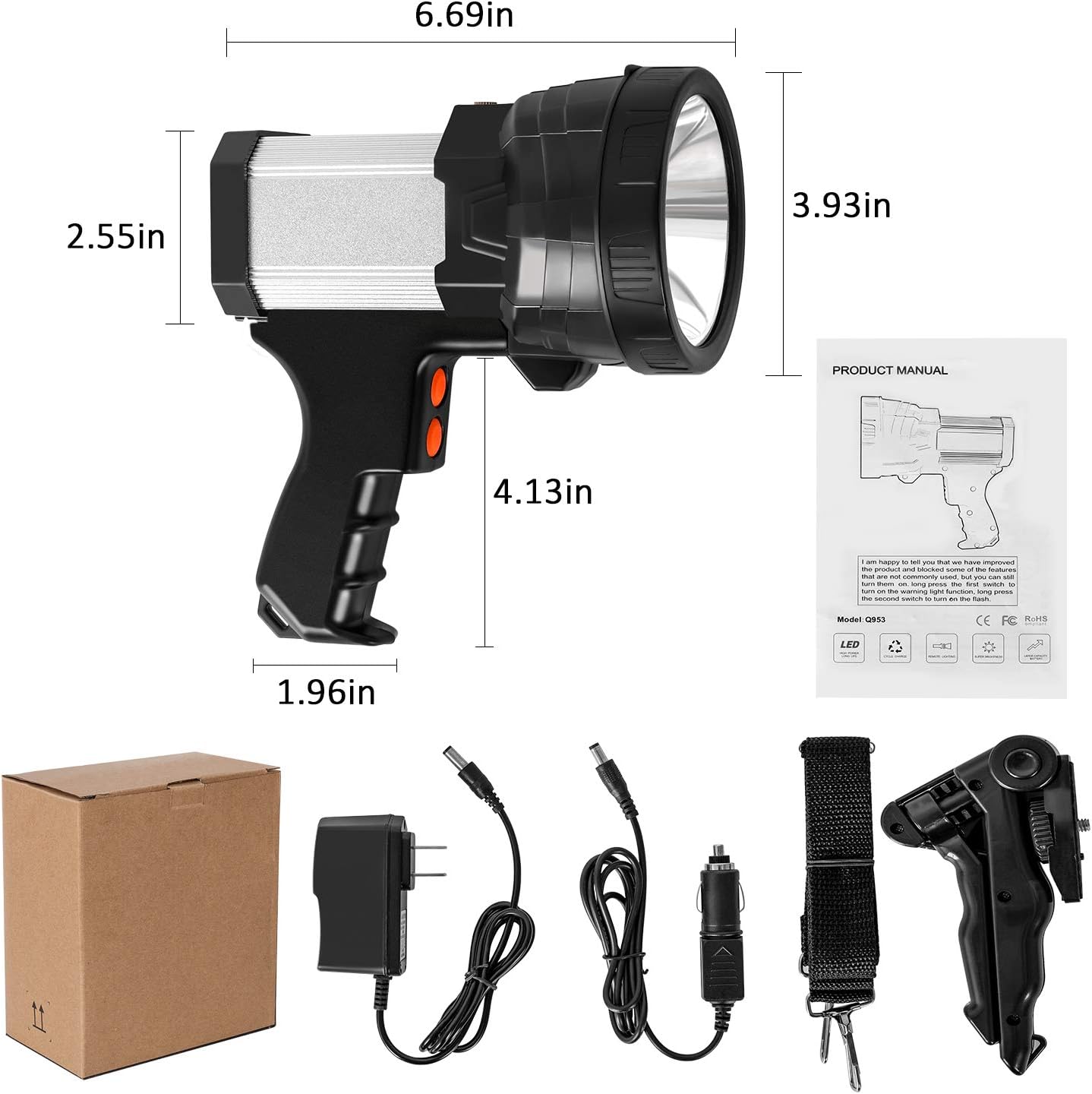 Sanlinkee Rechargeable Spotlight, LED Spotlight Flashlight Super Bright 6000 Lumens Handheld Spotlight 9600mAh Long Lasting Large Flashlight Searchlight Outdoor Waterproof Flood Camping Flashlight - - 