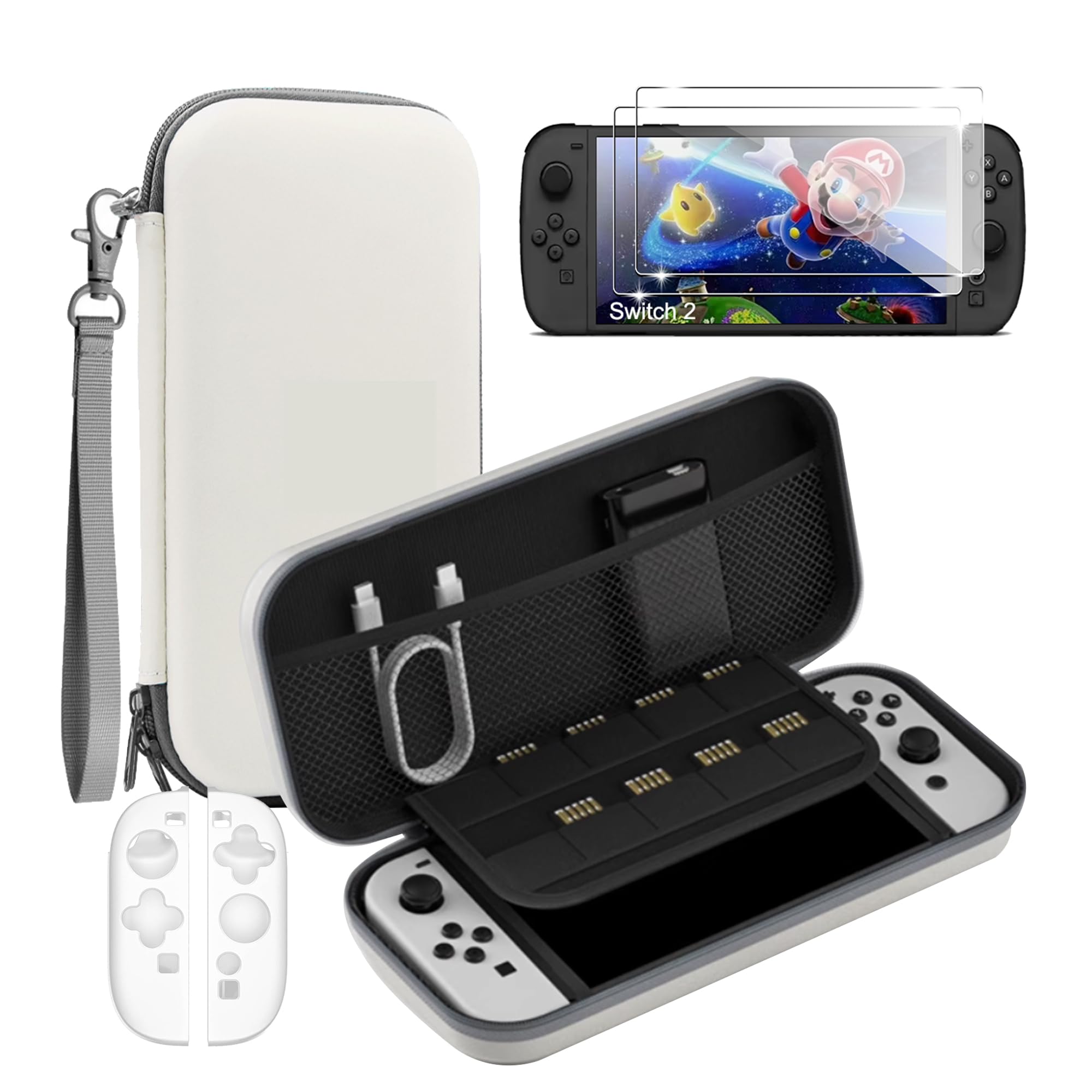 Storage Case for NS Switch 2 for (2025) case Cover,White Hard Shell Portable,Handbag with 2 Pack Tempered Films and a Transparent Silicone Handle 3 in 1