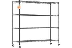 Homdox 60”W Storage Shelves, 4 Tier Heavy Duty Wire Shelving Unit with Wheels, 2400LBS Commercial Adjustable Metal Shelves for Storage, Garage Rack Pantry Shelves Kitchen Shelving, 24"x60"x72", Black