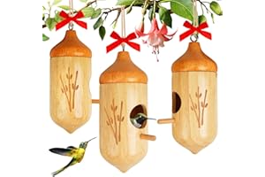 LEMKLOOM Hummingbird House, Wooden Hummingbird Houses for Outside - Handcrafted Natural Wood Birdhouse with Complete Hanging Kit (Bow & String) - Premium Gardening Gifts Decoration (Style-2, 3 Pack)
