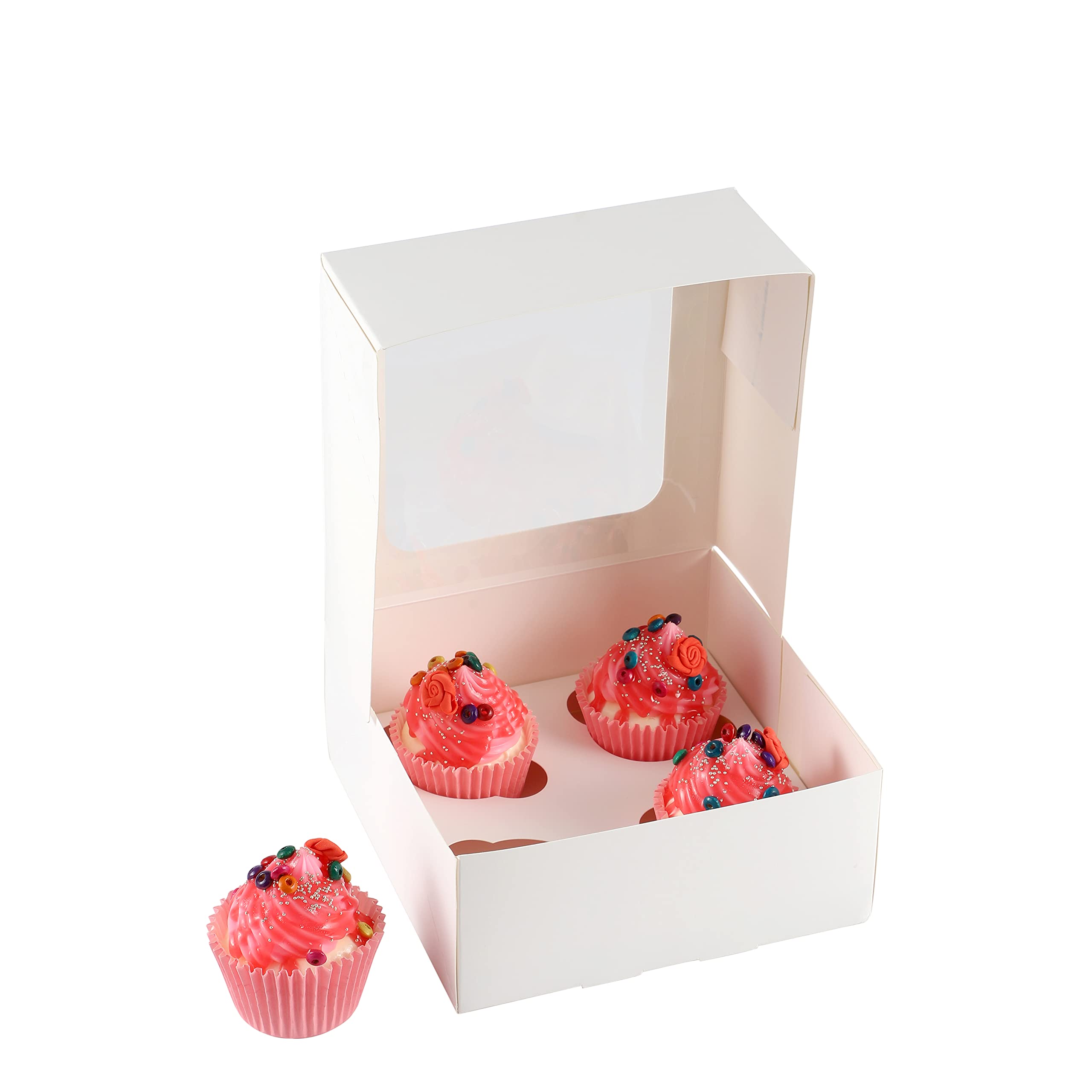 Komonee 25 x Cupcake Boxes White Holds 4 Single Fairy Cake With Clear Window Cardboard Packaging Box Baking Kids Muffins Cookies Weddings