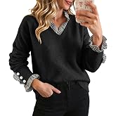 SAUKOLE Womens Pullover Sweater 2 in 1 Patchwork V Neck Casual Knit Tops | Ruffle Sleeve Knitted Pullover Casual Dressy Jumper Decorative Buttons 2026 Fashion Fall Winter Outfits For Business Work