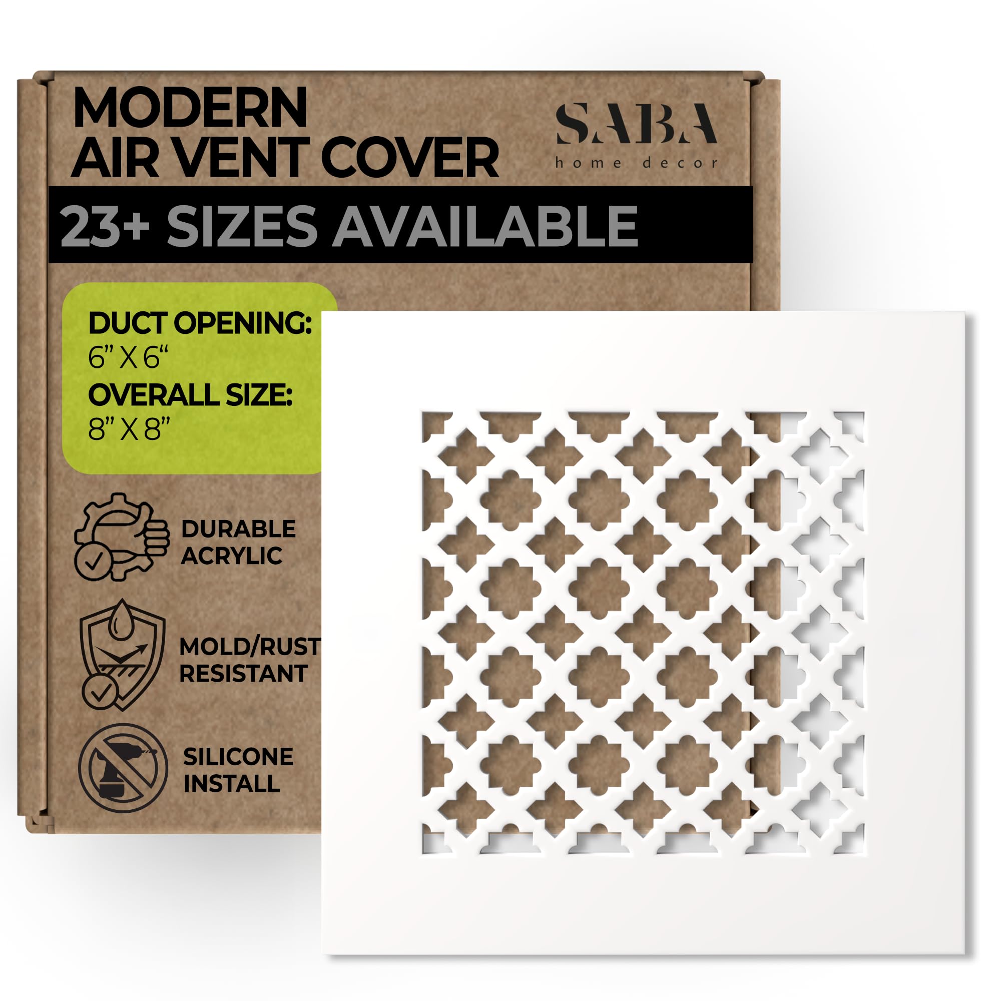 SABA Home Decor Air Vent Cover Grille - Acrylic Plexiglass 6 x 6 Duct Opening, 8 x 8 Overall White Finish Decorative Covers for Walls & Ceilings NOT for Floor USE, Venetian