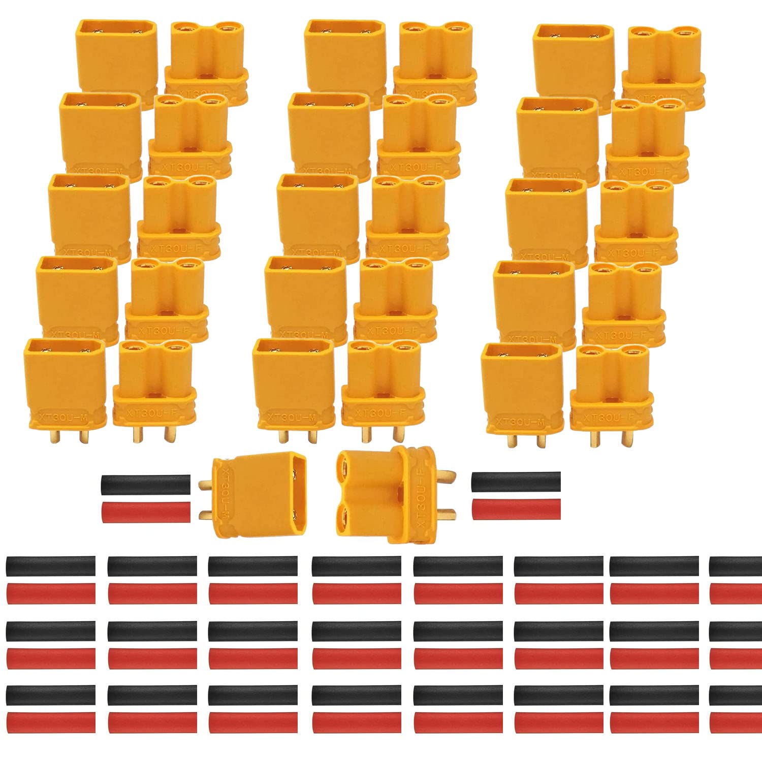 VISSQH 32Pcs (16Pairs) XT30U Male Female Connectors,XT30U(XT30Upgrade) Connectors,XT30U Plug with Heat Shrink Tube