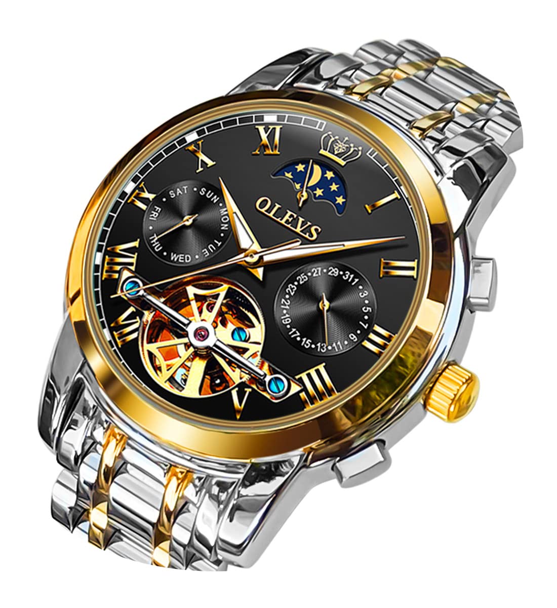 OLEVS Mens Watch Automatic Mechanical Skeleton Winding Moon Phase Black Face Stainless Steel Two Tone Date Calendar Waterproof Luminous