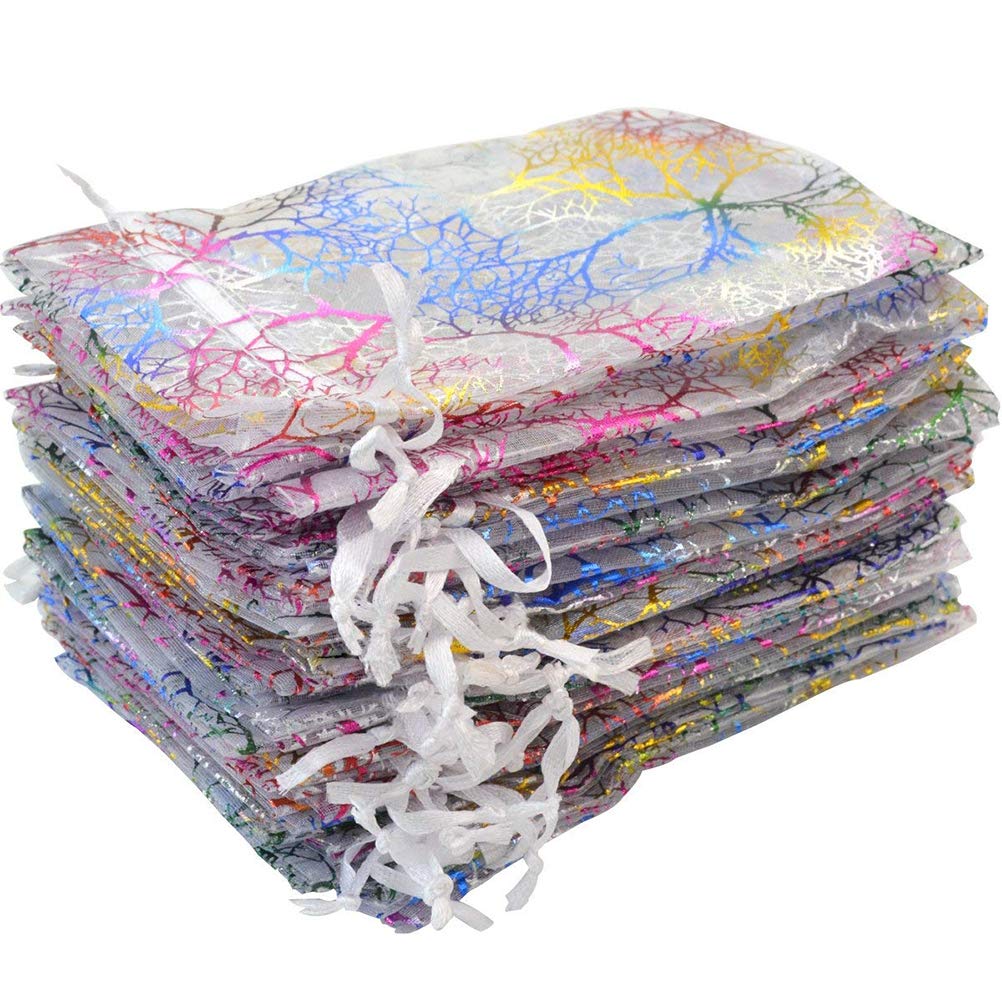 100 Pcs Coral Pattern Drawstring Organza Candy Bag Mixed Color Gift Bag Jewelry Bags Chocolate Bag Wedding Favor Christmas Gift