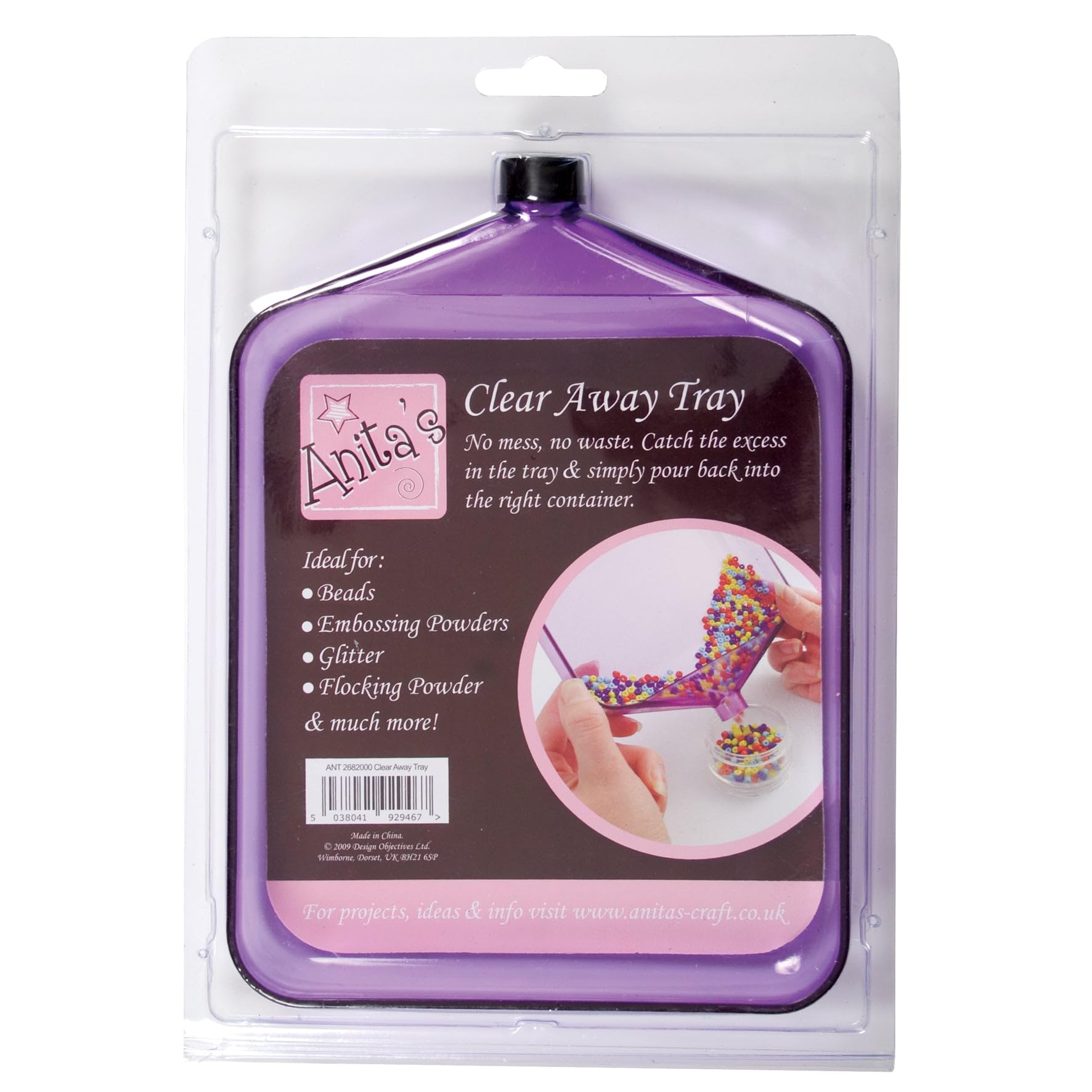 Anita's Clear Away Tray, 17.50cm x 25cm, Clear Purple, Plastic, No More Mess, Pour Away Tidy Tray, For Art, Craft, Glitter, Gems, Flocking, Diamond, Sequins, Card Making
