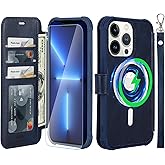 VANAVAGY Compatible for iPhone 13 Pro Max Wallet Case for Magsafe Wireless Charging, PU Leather Flip Folio Phone Case with Wrist Strap RFID Blocking Card Holder Screen Protector,Navy Blue