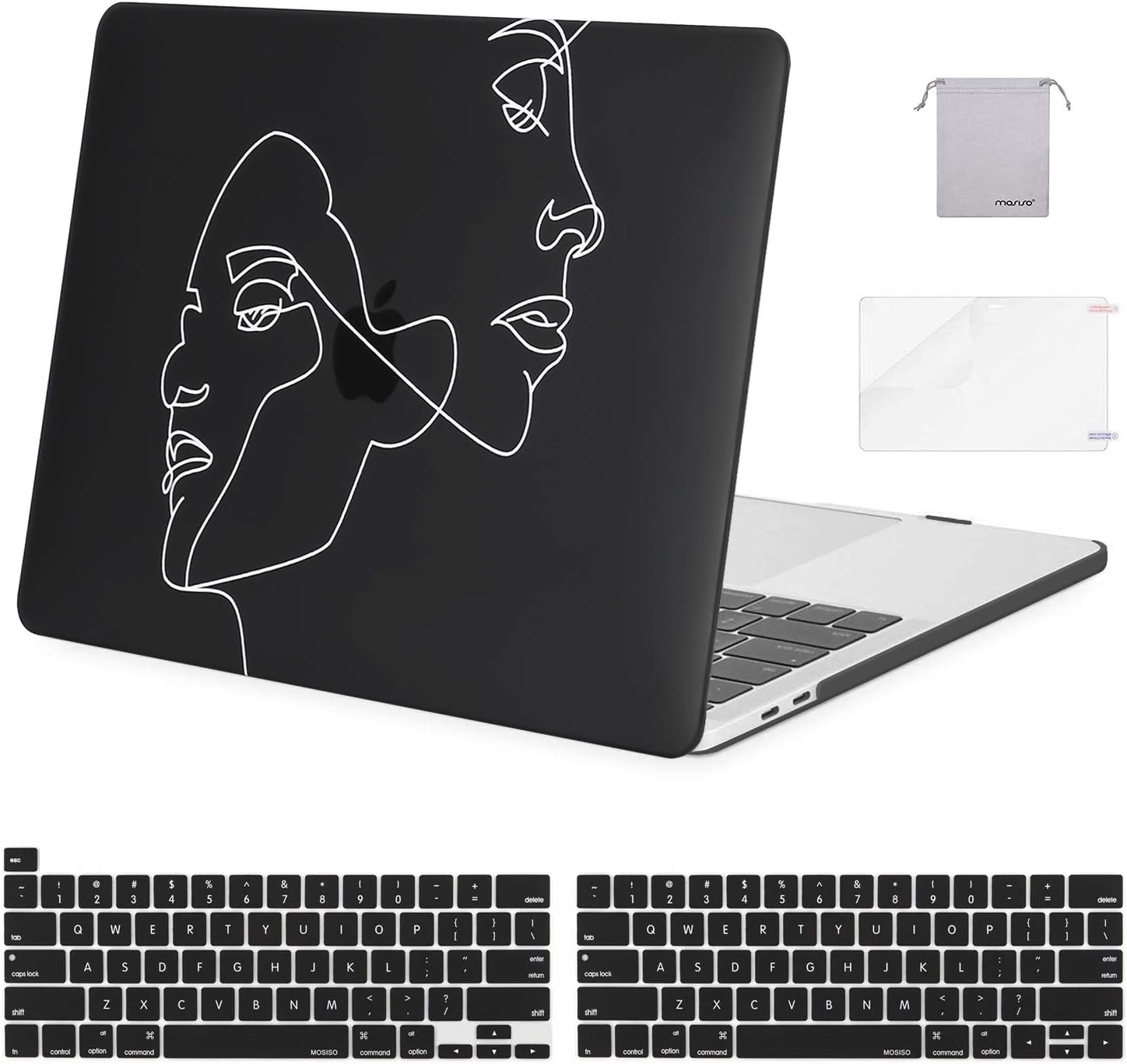 MOSISO Compatible with MacBook Pro 13 inch Case 2020 2019 2018 2017 2016 Release A2289 A2251 A2159 A1989 A1706 A1708, Plastic Face Sketch Hard Shell&Keyboard Cover&Screen Protector&Storage Bag, Black