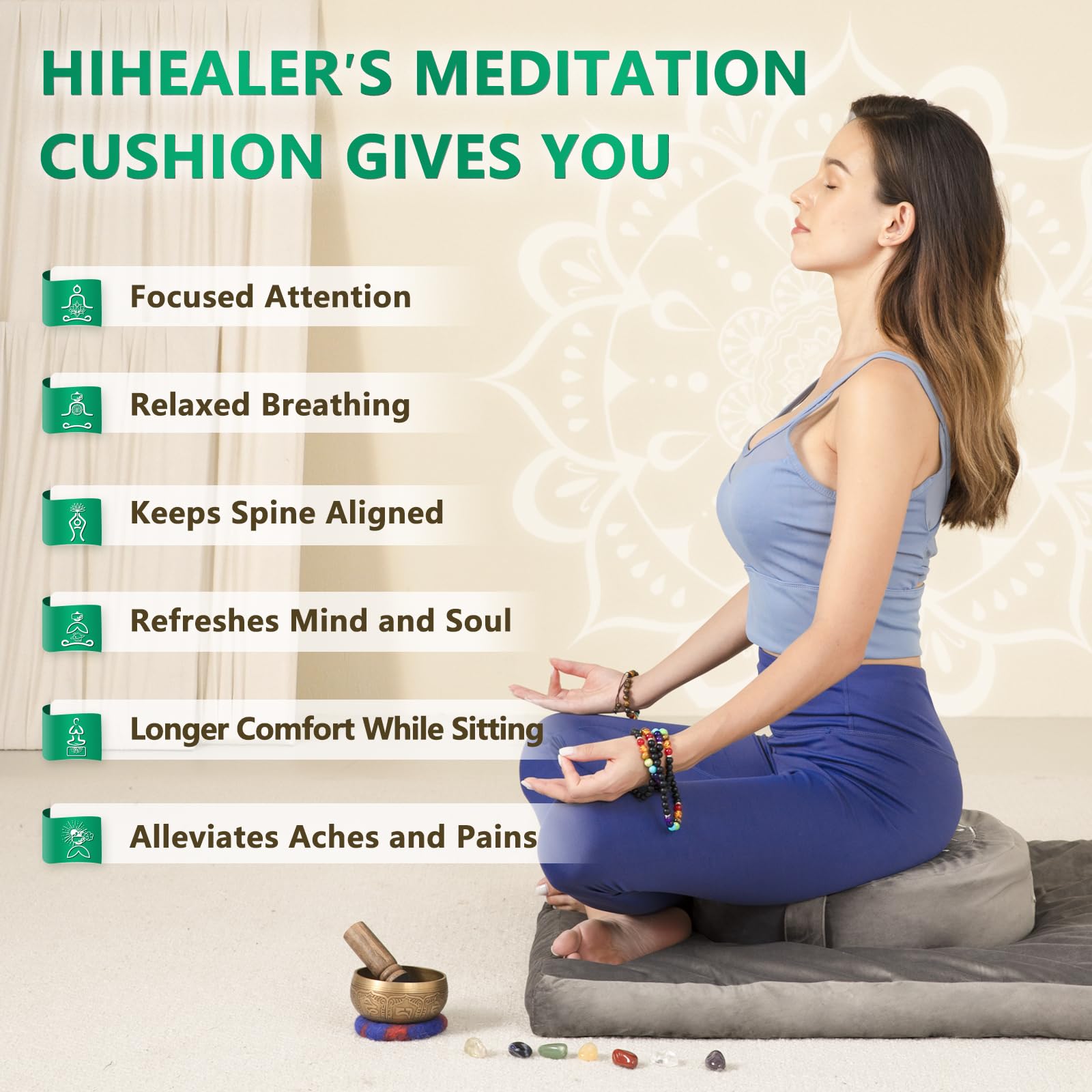 Hihealer Meditation Cushion, Traditional Tibetan Meditation Pillow Velvet Cover - Large Floor Cushion Seating for Adults - Yoga Buckwheat Bolster for Women、Moms - Image 6