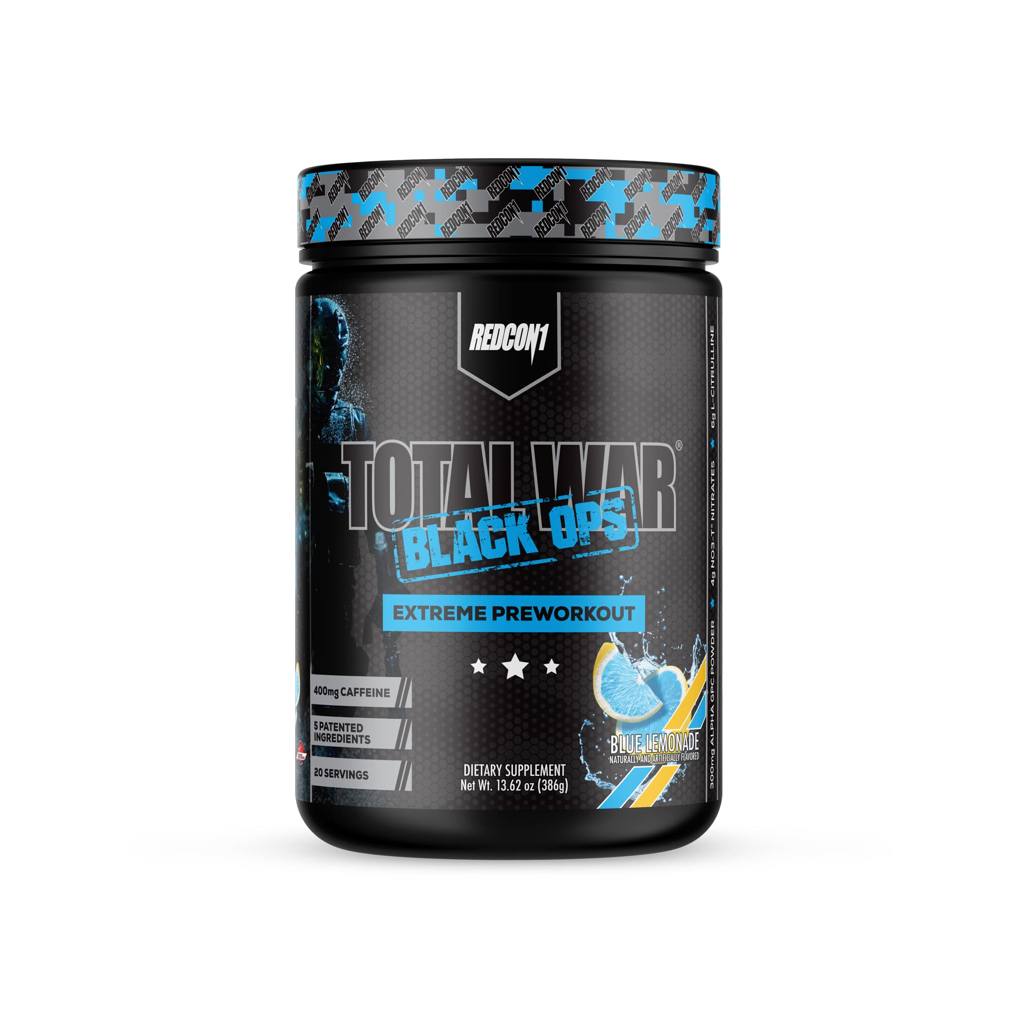 REDCON1 Total War Black Ops Extreme Preworkout Powder, Blue Lemonade, High Stimulant, 400 mg Caffeine, NO3-T Nitrates + L-Citrulline, Increase Blood Flow, Muscle Pumps (20 Servings)