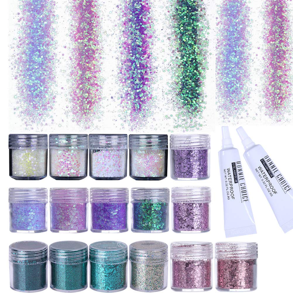 BONNIE CHOICE 16 Colors Holographic Chunky Body Glitter with 2pcs Long Lasting Fix Gel, Total 160g Cosmetic Glitter for Face Body Hair Nail Halloween Festival and Other Occasions