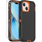 Annymall for iPhone 13 Mini Case with 2 Screen Protector,Shockproof Drop Protection Full Body Heavy Duty 3 Layer Military Rugged Durable Phone Cover for Apple iPhone 13 Mini 5.4" (Black Orange)