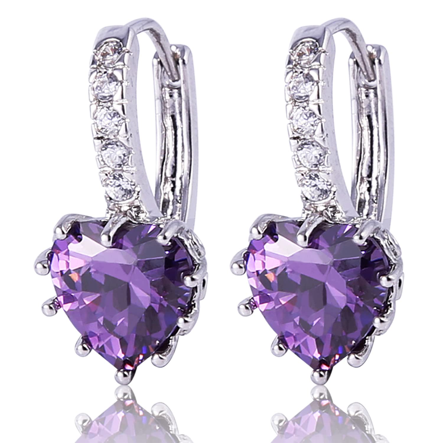 GULICX 925 Sterling Silver CZ Amethyst Color Huggie Earrings Hoops Purple Heart Shape Cubic Zirconia — image 1