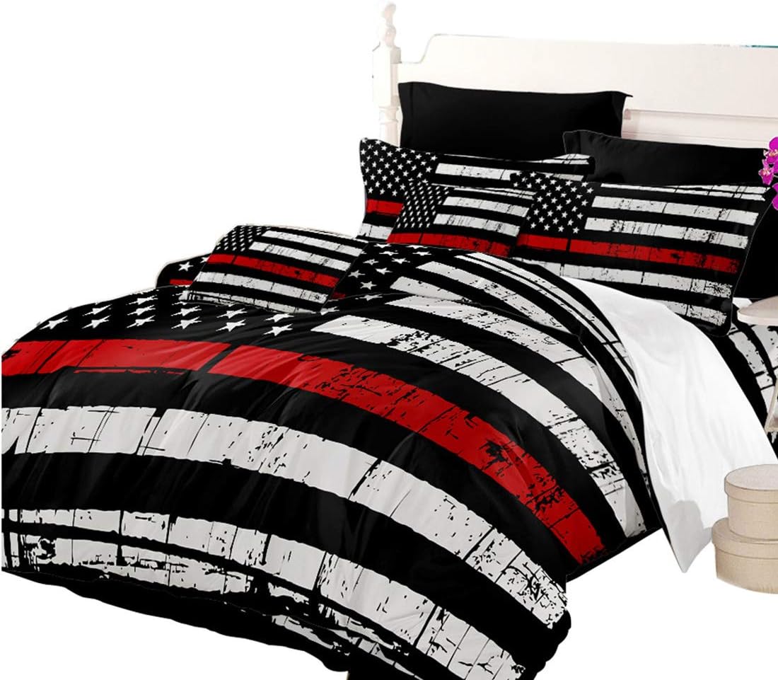 Quilt Cover Queen Size American Flag Duvet Cover White Black Red Stripe 3 Pcs Bedding Set Independence Day Decor
