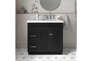 ARIEL 37" Black Bathroom Vanity, 1.5" Edge Pure White Quartz Countertop & Splash, Rectangular Sink, 2 Soft-Closing Doors & 2 Full Extension Drawers, Built in Toe Kick, Brushed Nickel